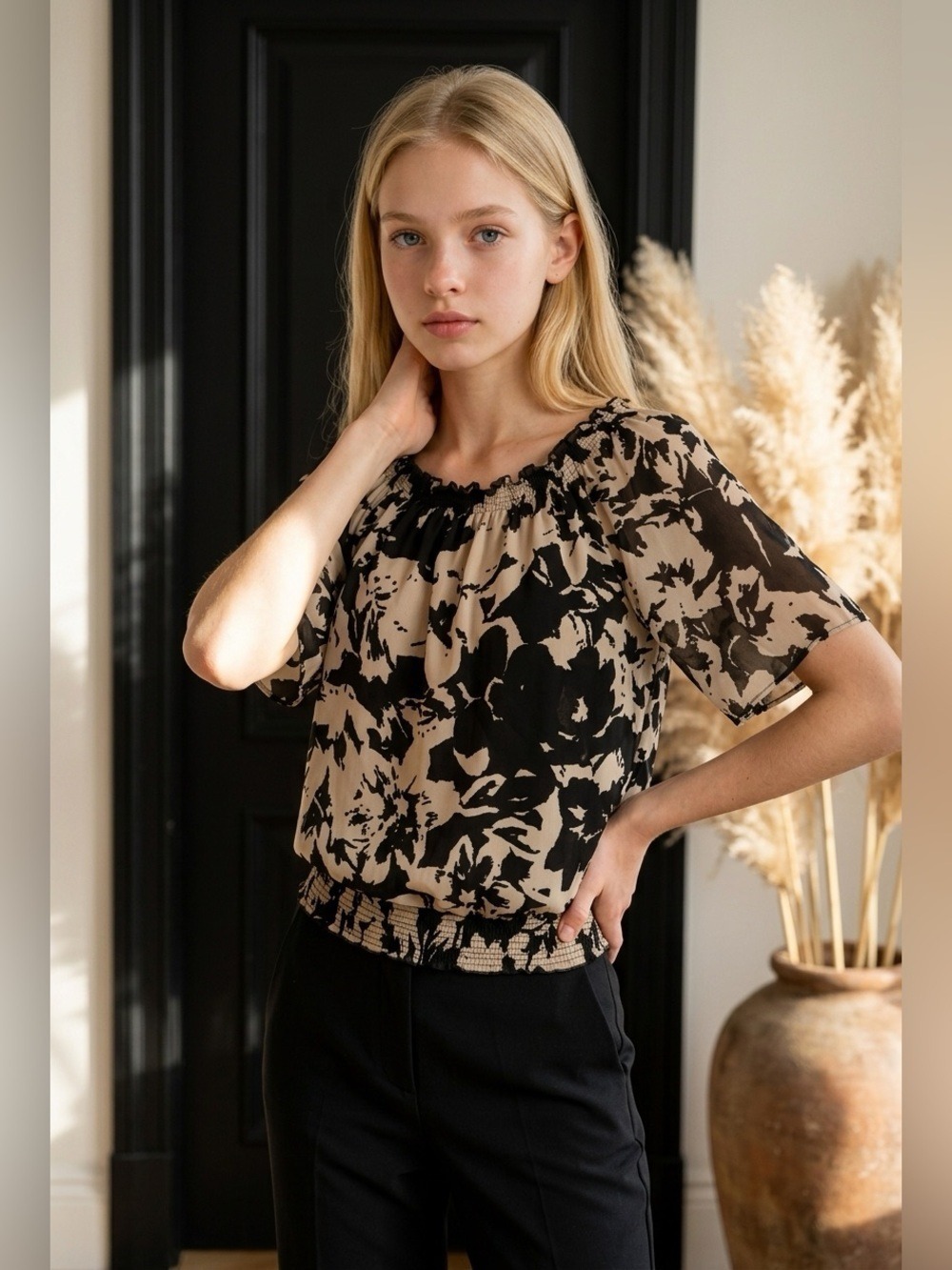 INC Black/Beige Boho Top (S) with butterfly sleeve